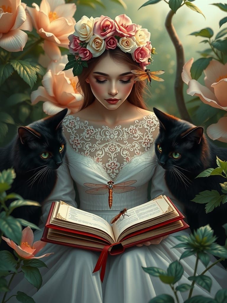 Woman in Whimsical Garden Enchanted by Ancient Tome