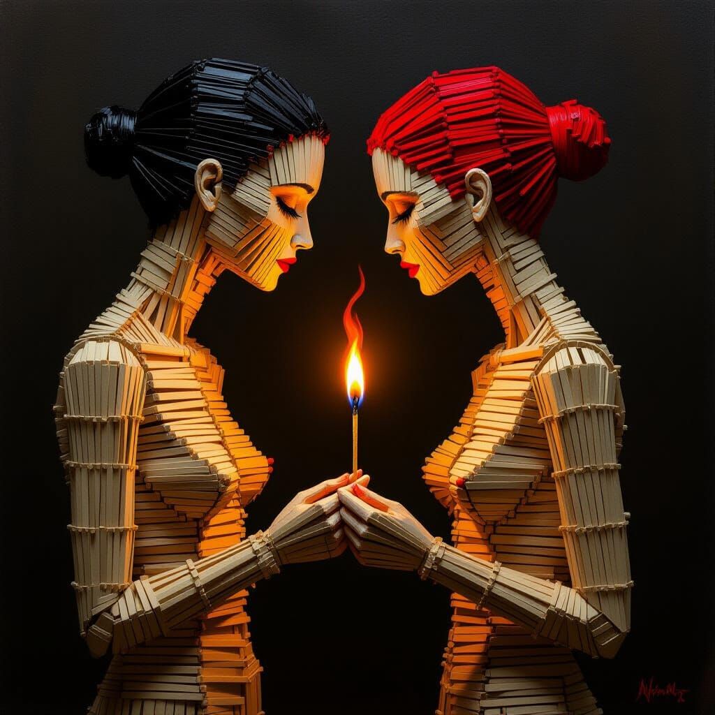 Symbolic Oil Painting of Matchstick Figures in Warm Light
