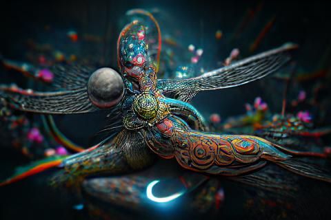 Holographic Cosmic Dragonfly Illustration in Mixed Media