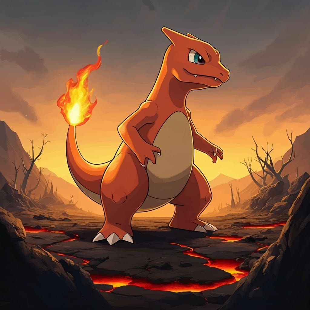 Charmeleon in Volcanic Landscape: A Surreal Illustration