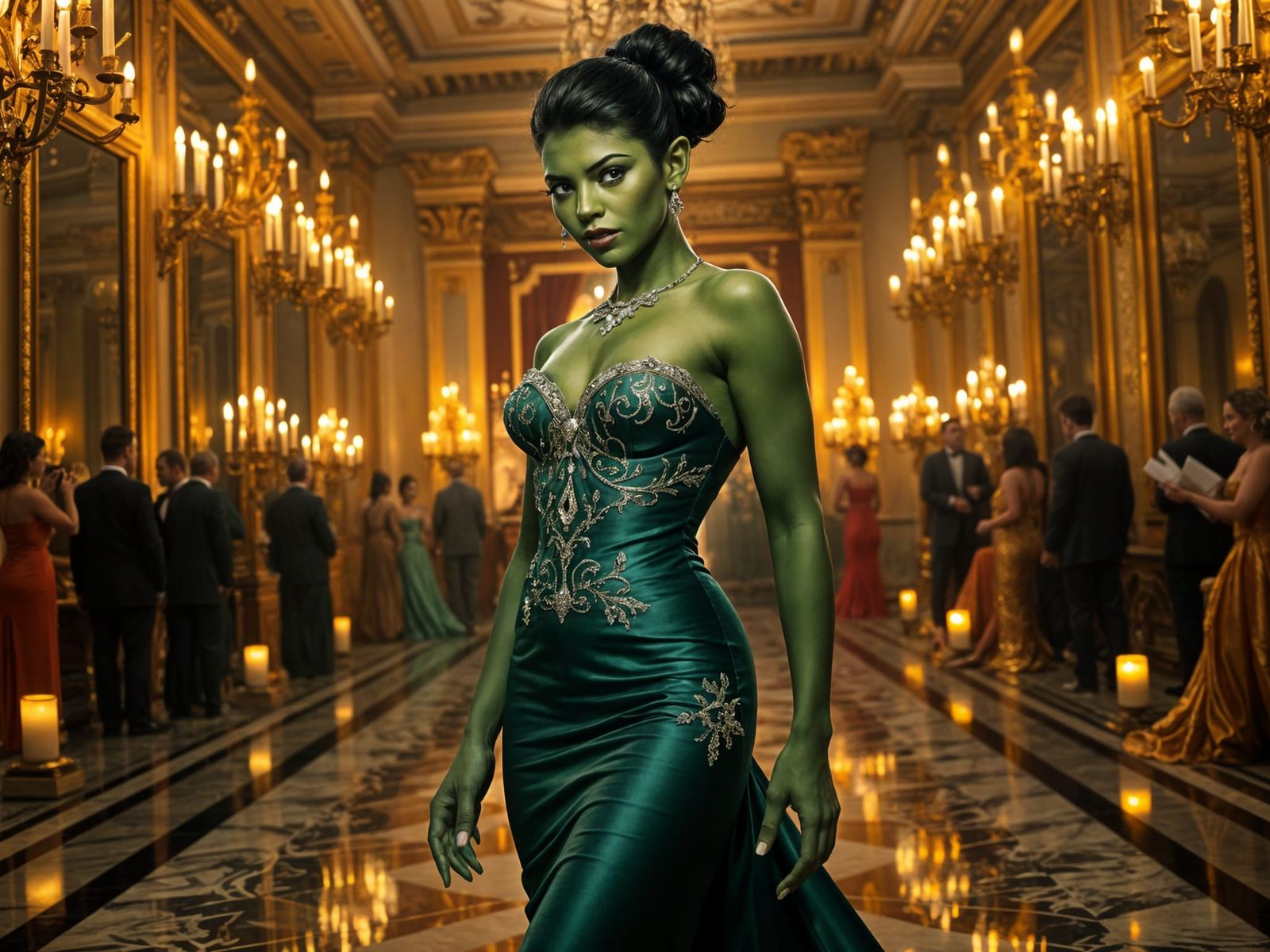 Elegant Green-Skinned Female Orc in Emerald Gown at Lavish B...