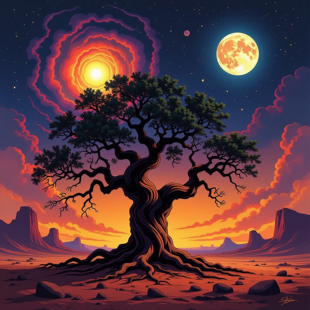 Ancient Oak on Alien Planet in Sci-Fi Style