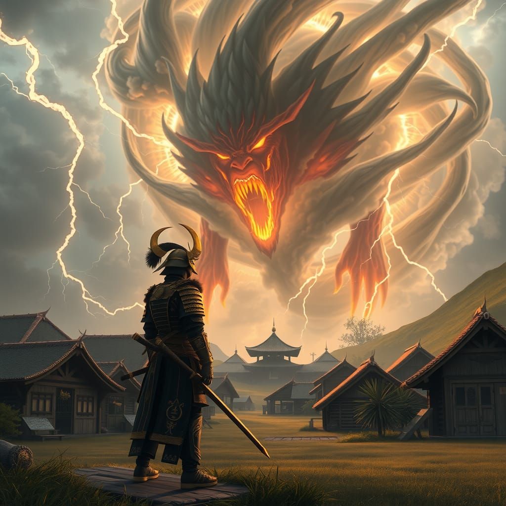 Samurai Warrior Confronts Ethereal Demon in Anime Art