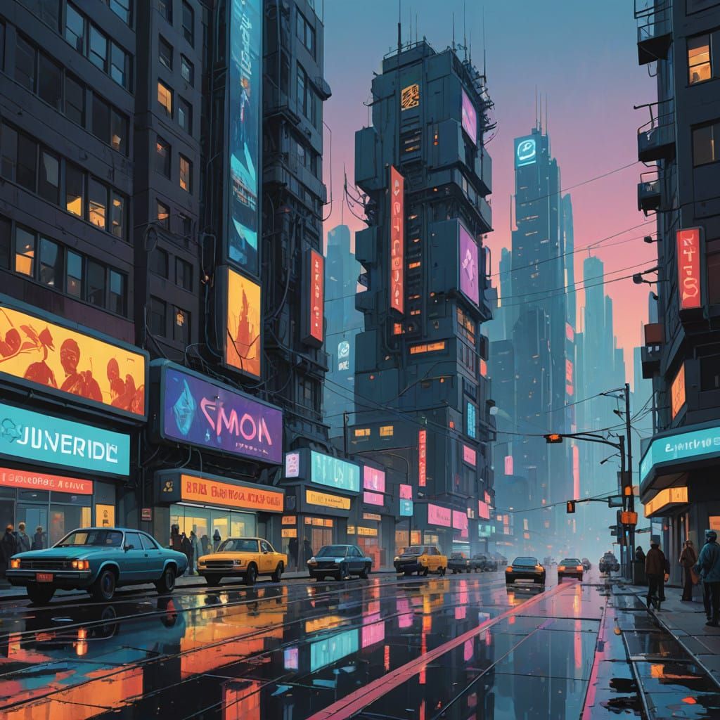 Futuristic Metropolis at Dusk with Digital Countdown Clocks