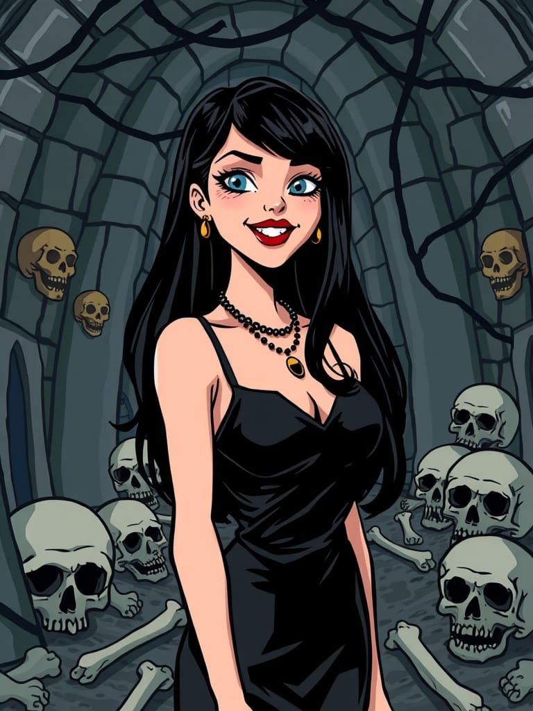 Gothic Goddess Smiles in Crypt among Graves