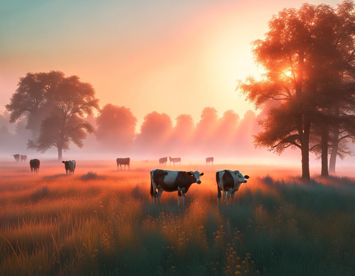 Pasture in Early Morning Mist: Sunrise Landscape