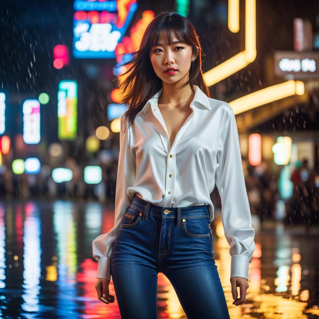 Japanese Model in Rain-Soaked City at Night