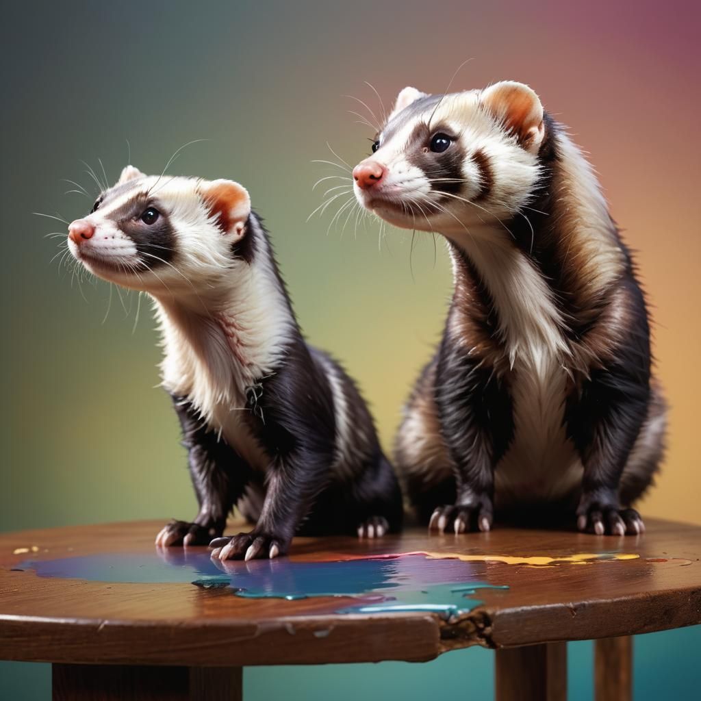 Hyperrealistic Ferret and Polecat Portrait on Table