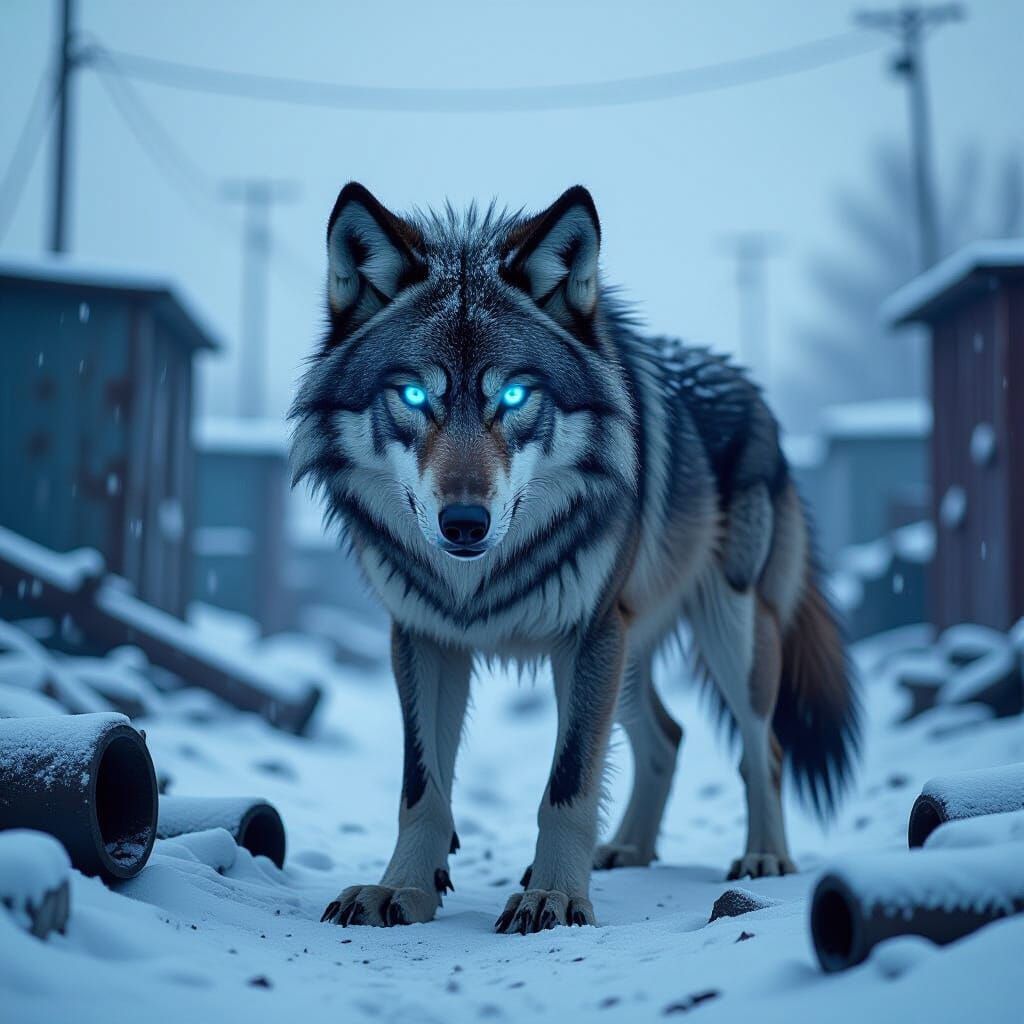 Cybernetic Wolf Guarding Junkyard in Cel-Shaded Style