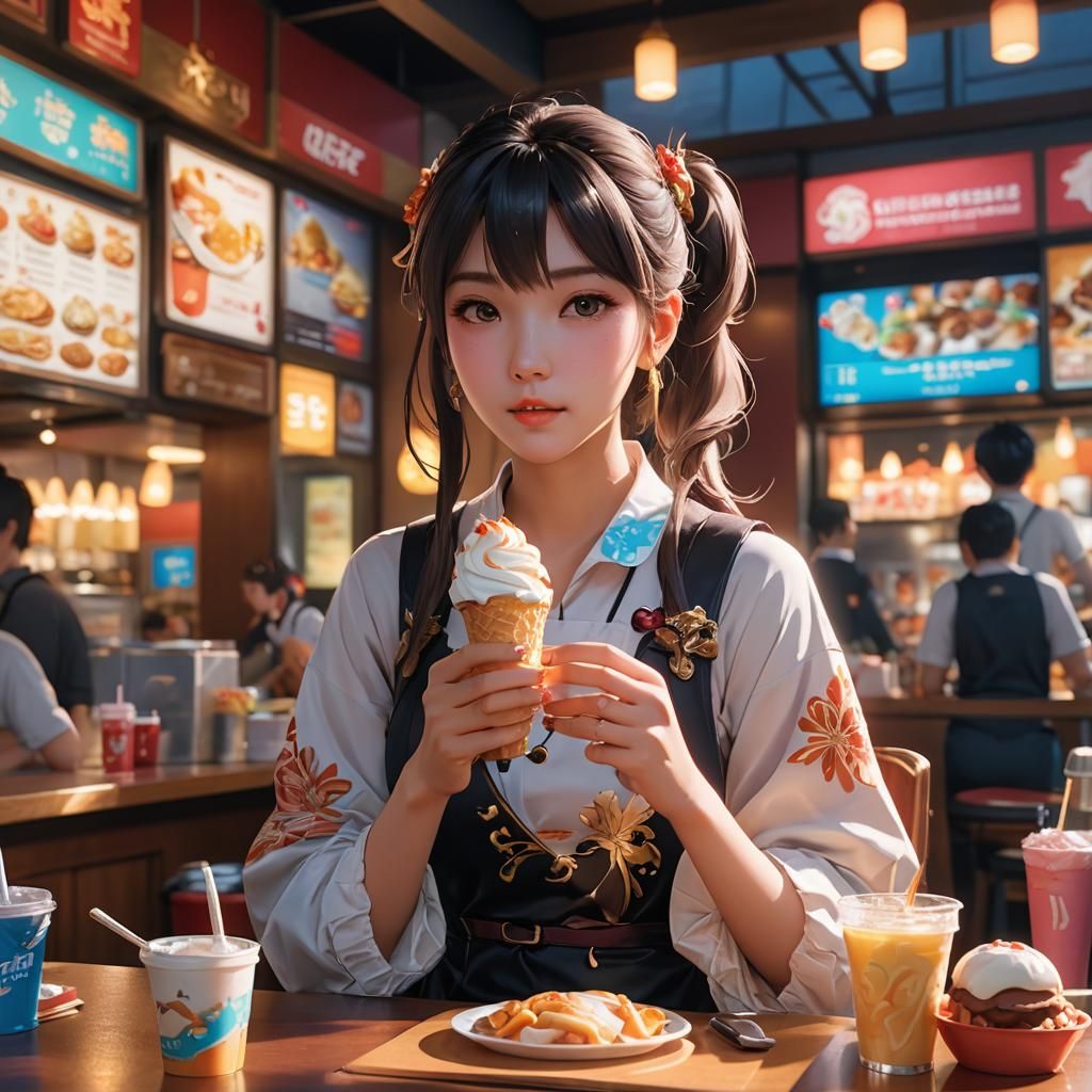 Anime Woman Enjoys Ice Cream in Restaurant
