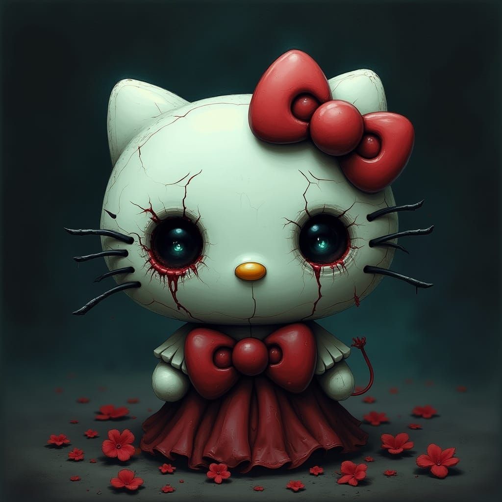 Distorted Hello Kitty in Dark Gothic Whimsy