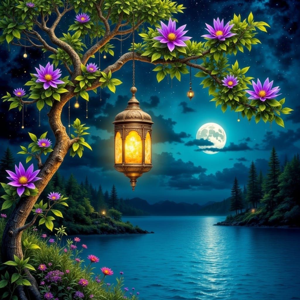 Ethereal Lantern in a Dreamy, Moonlit Landscape