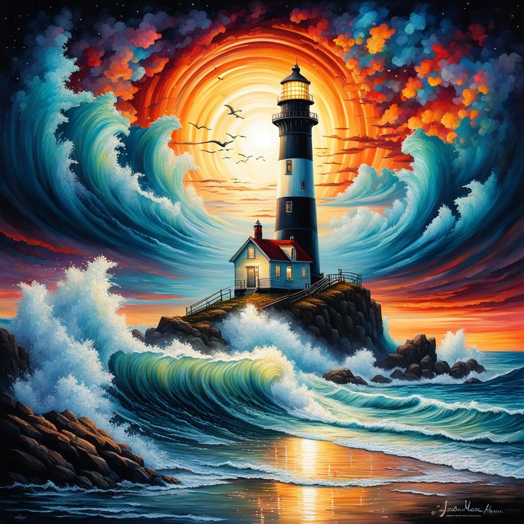 Lighthouse Seascape in Fluorescent Watercolor Style