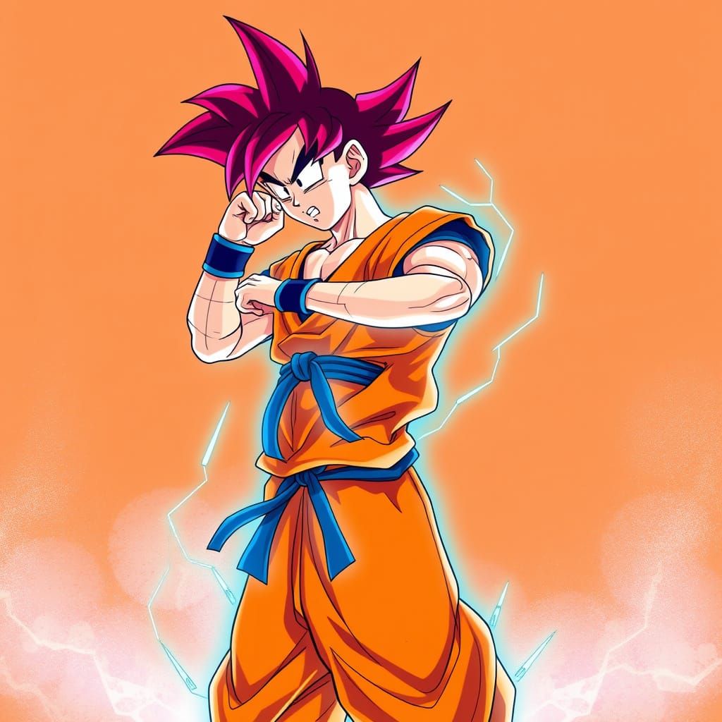 Goku in Heroic Pose, Manga Style with Neon Accents