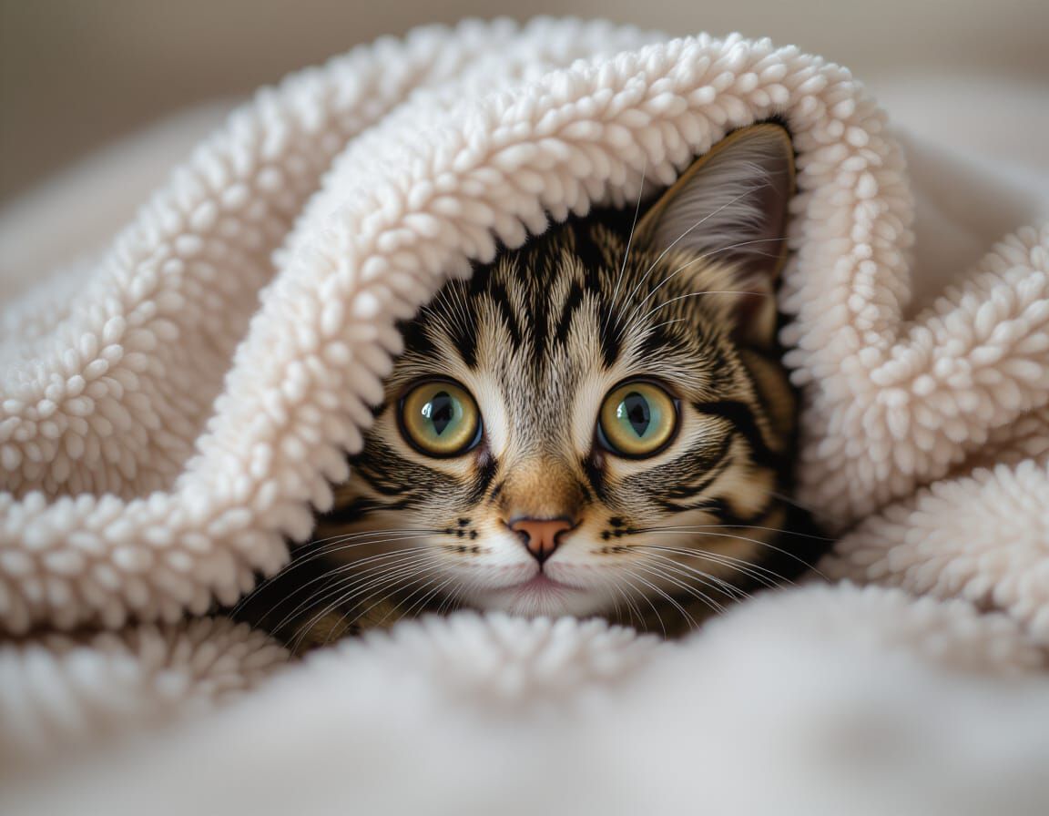 Curious Kitty Peeking from Under Blanket