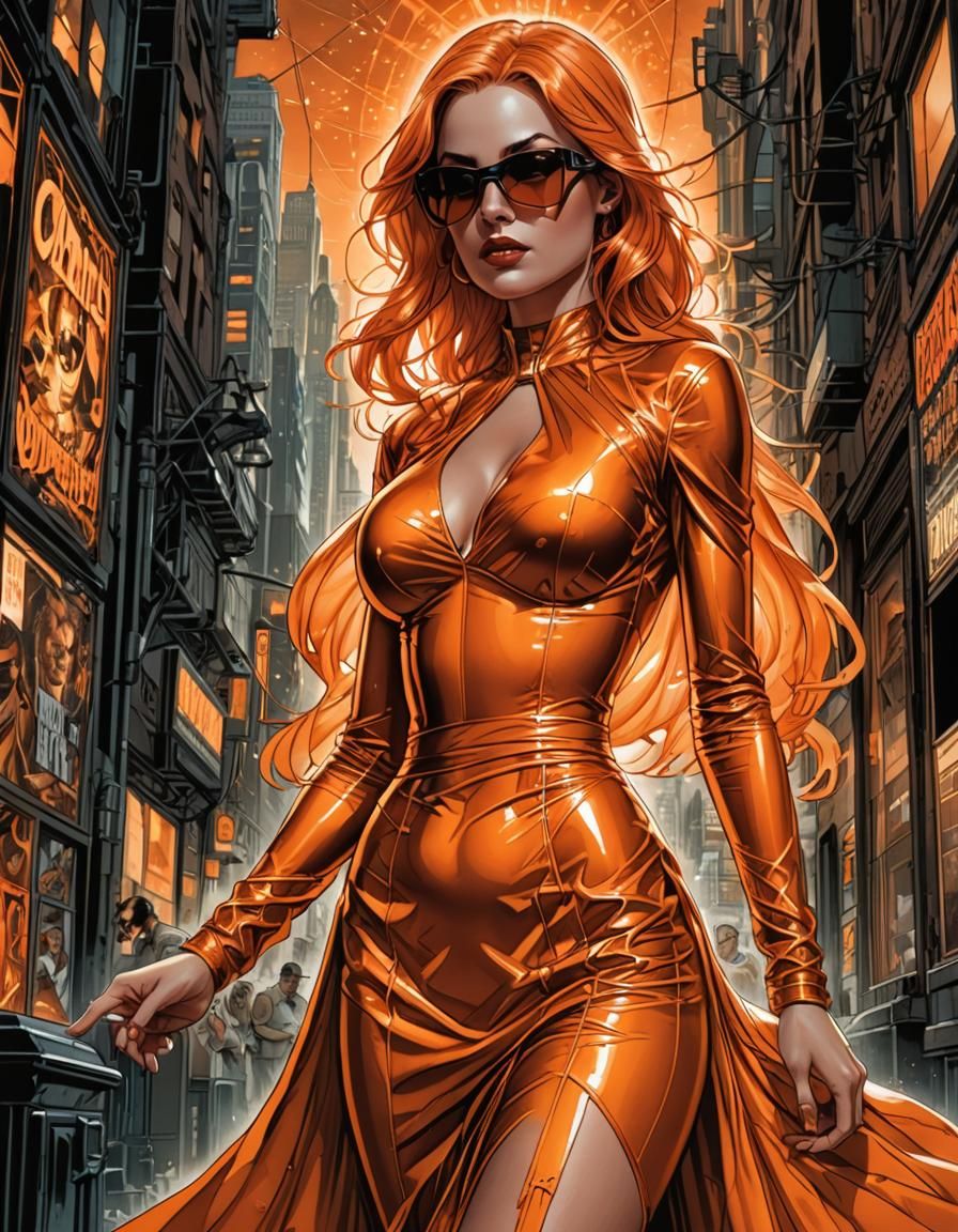Comic Art of Woman in Orange Dress
