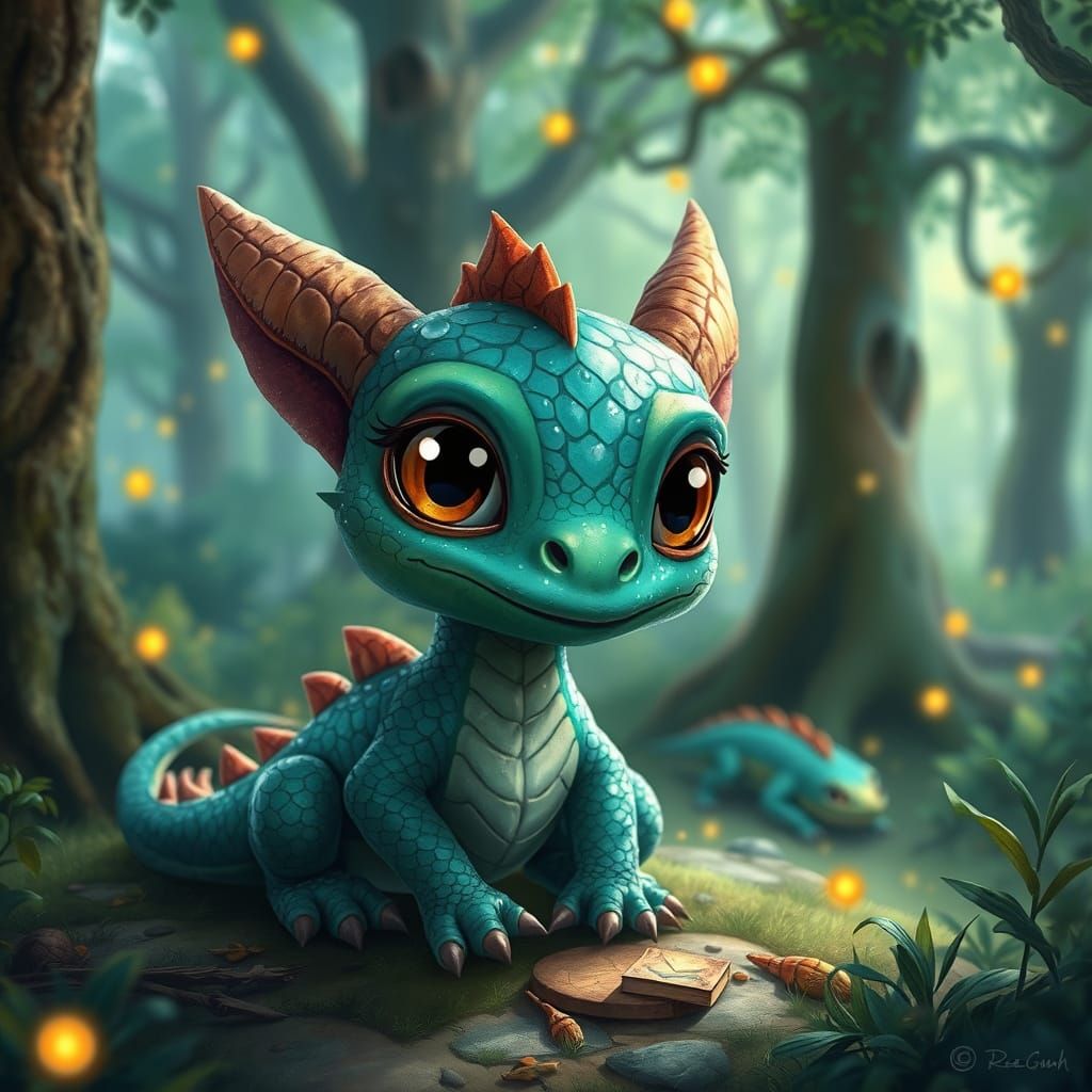 Whimsical Fantasy Dragon in Emerald Green and Sapphire Blue