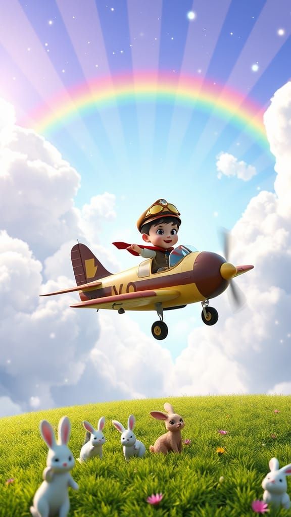Boy Aviator Soaring Over Rainbow in Fantasy Art
