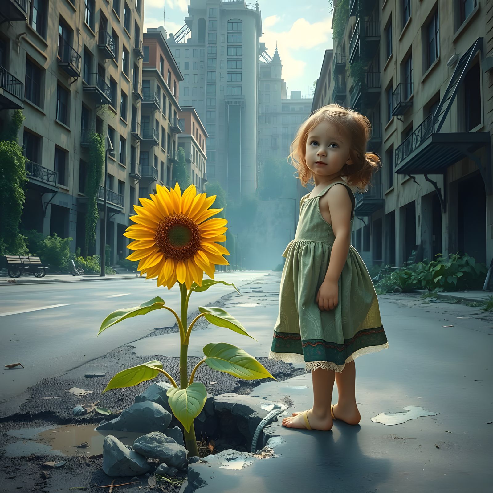 Sunflower Sprouts in Abandoned City, Fantasy Art