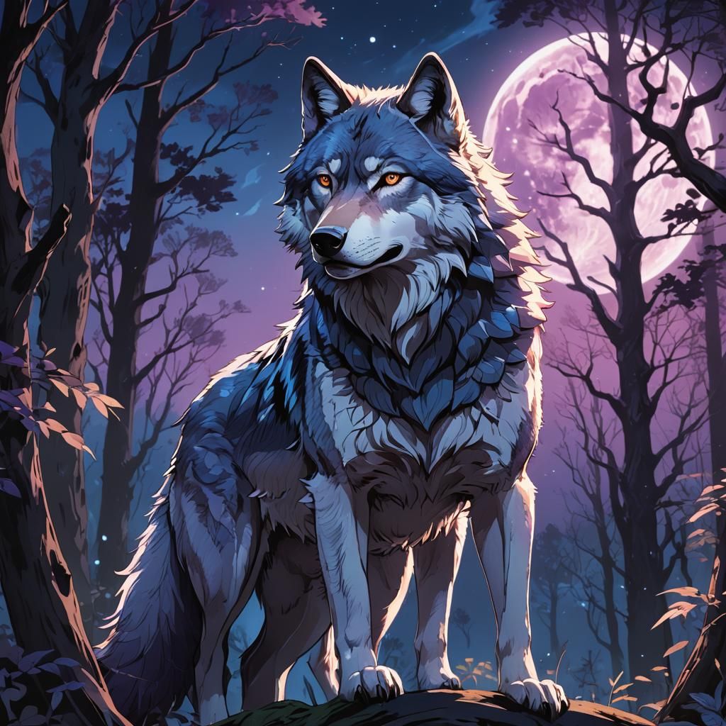 Alpha Wolf in Moonlit Forest: Anime Illustration