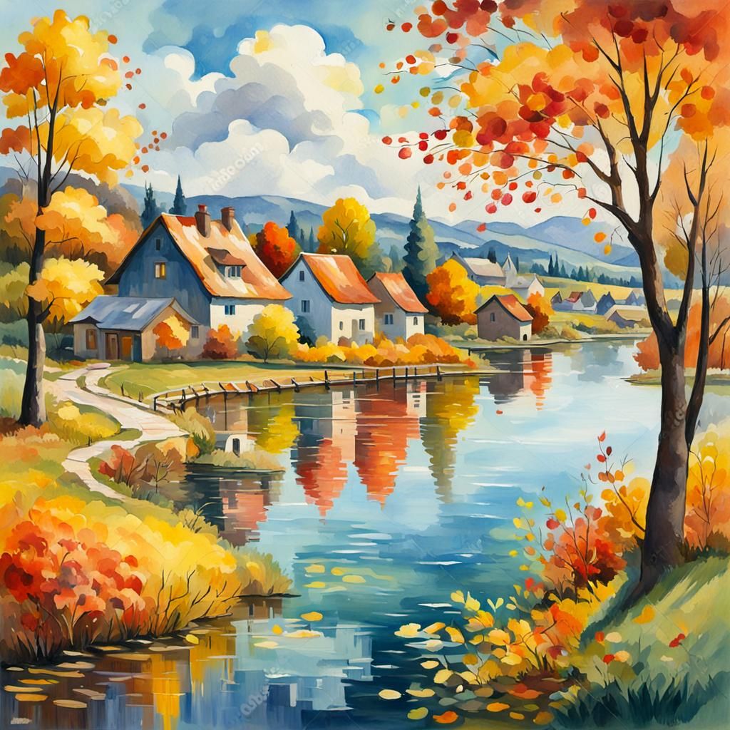 Autumn Village Lakeside Impasto Gouache Painting