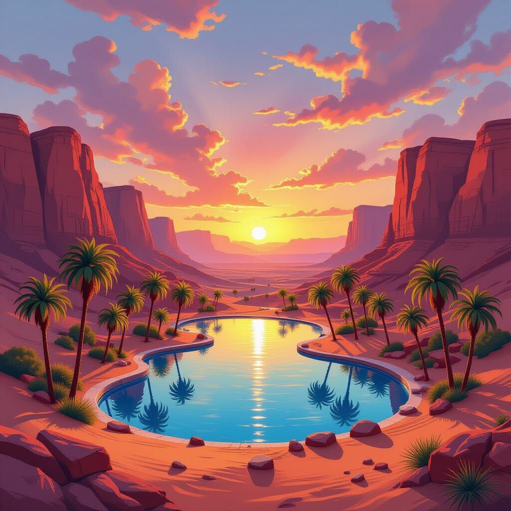 Airbrushed Desert Oasis Sunset Landscape