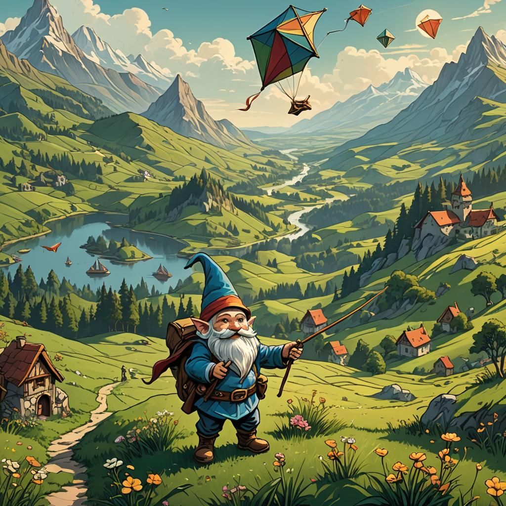 Gnome Flies Kite in Retro D&D Style
