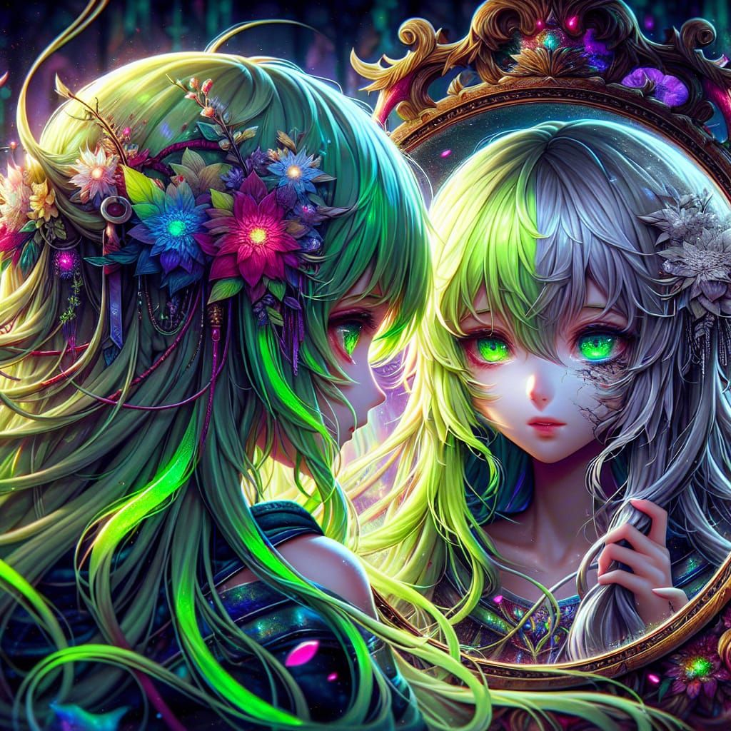 Anime Girl's Reflection: A Vivid Digital Art Concept
