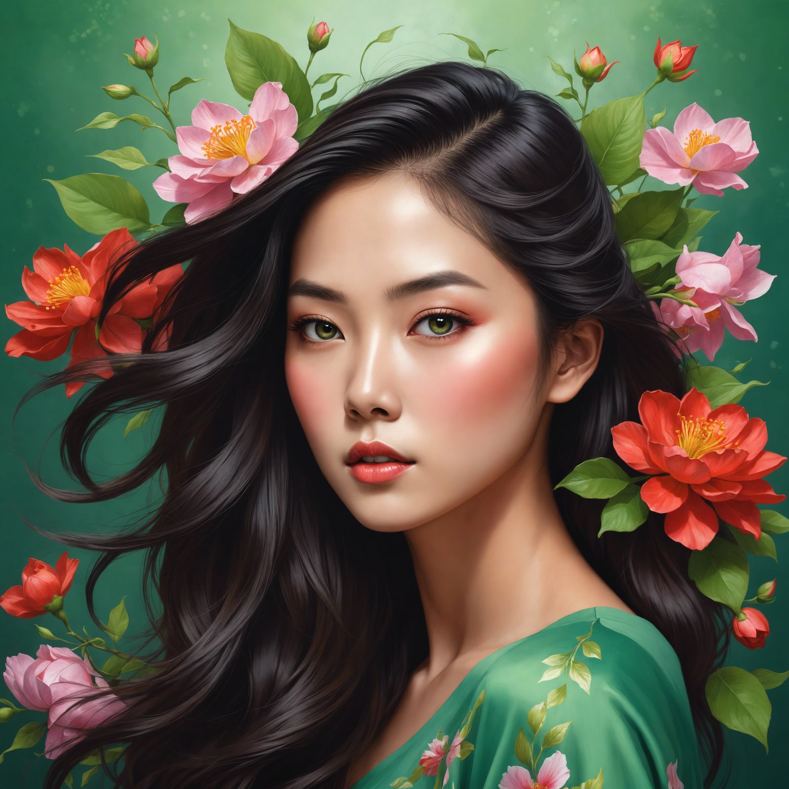 Ethereal Asian Woman with Flowers, Anime Style