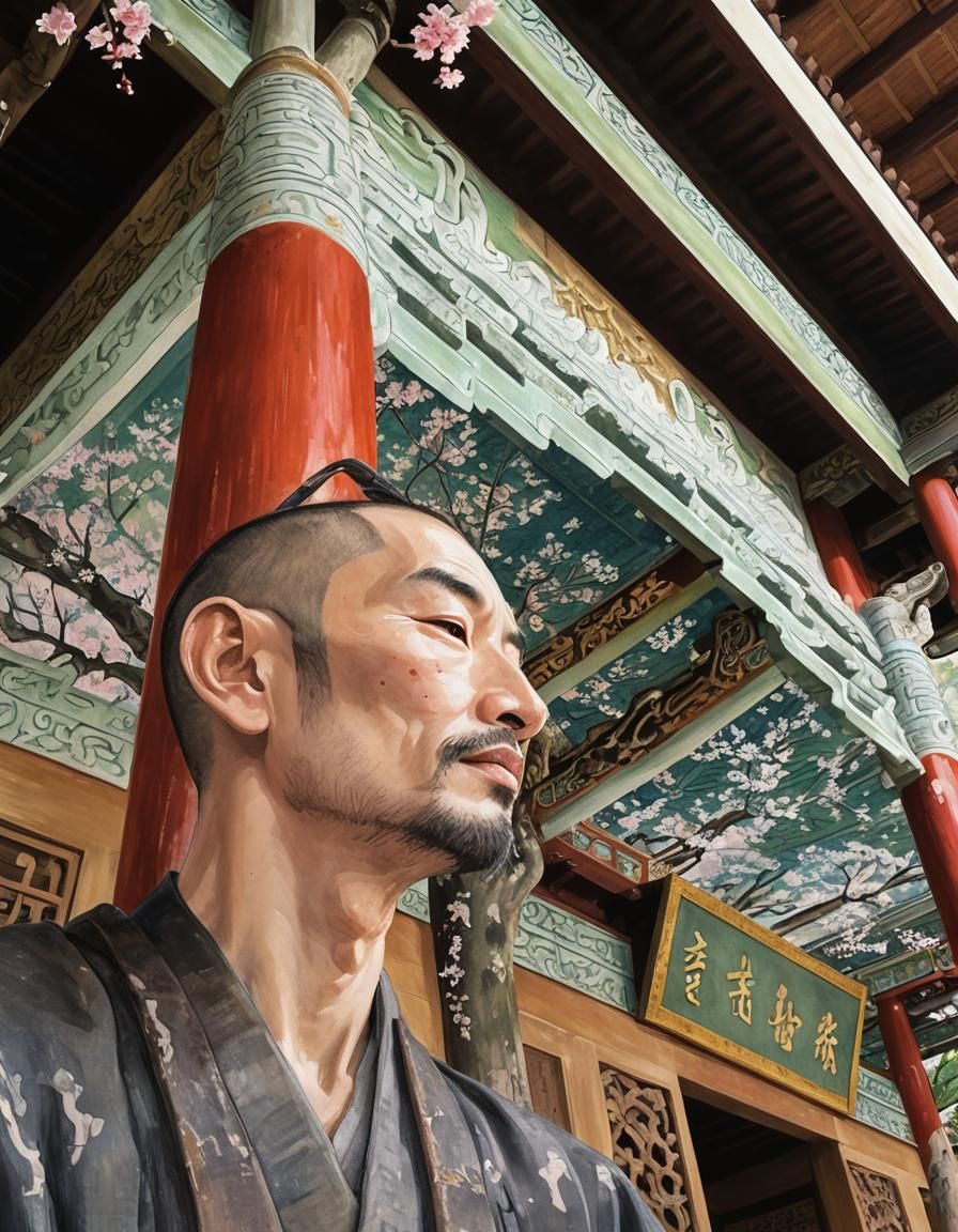 Serene Monk in Asian Temple: Dreamlike Illustration