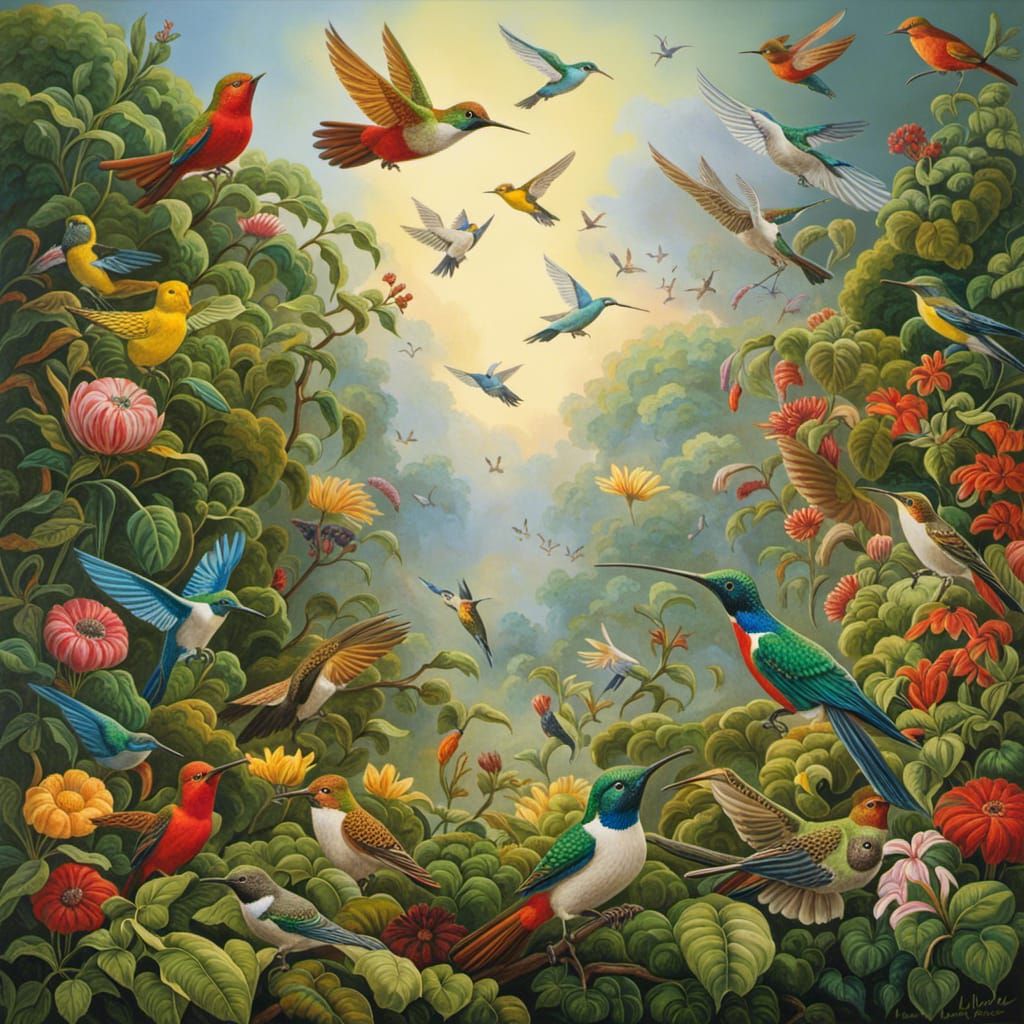 Hummingbird in a Verdant Garden Scene