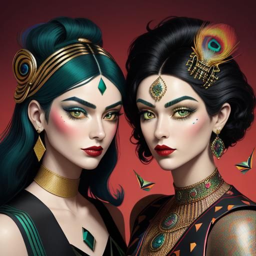 Pop Art Women with Gold Skin and Peacock Feathers