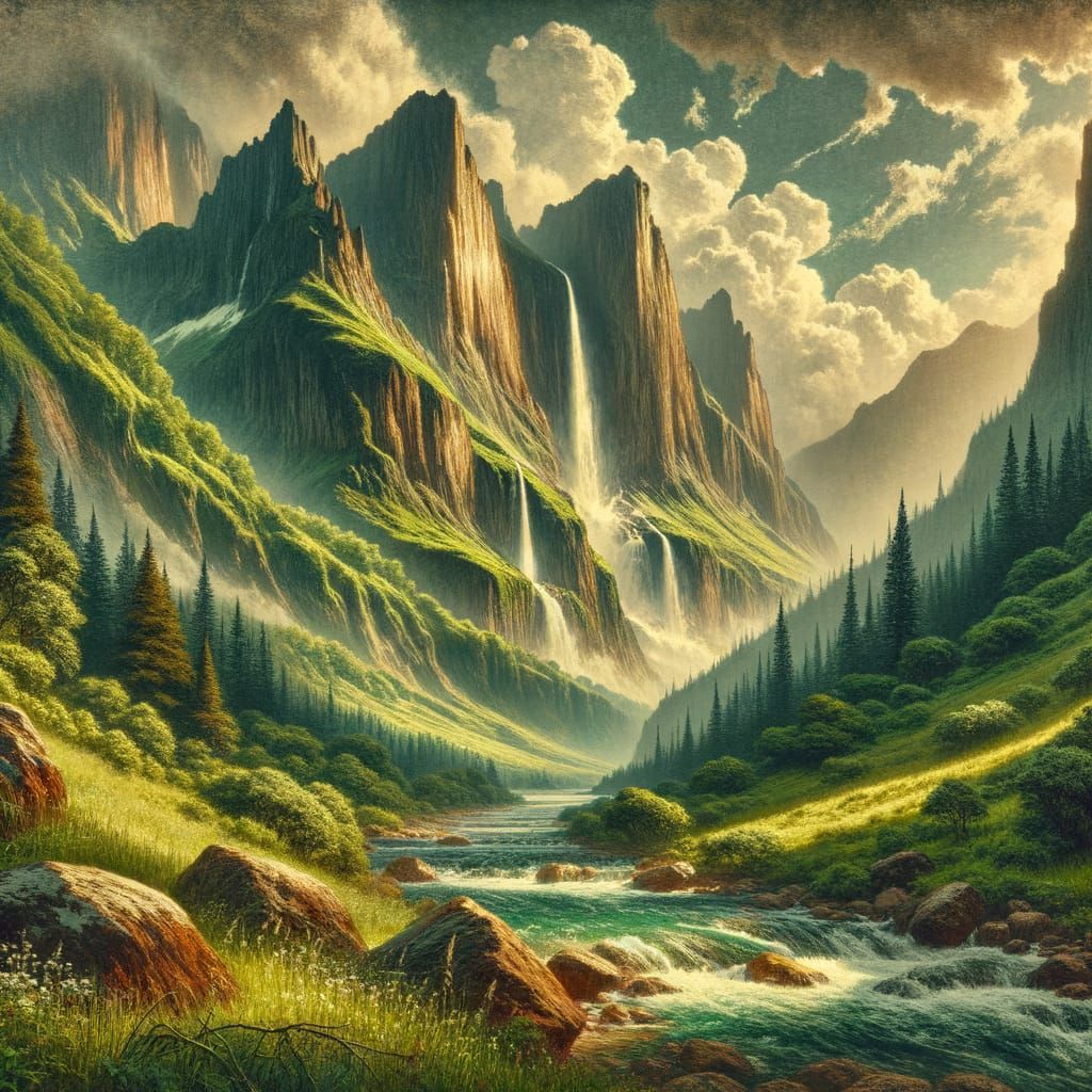 Majestic Hudson River-Style Landscape with Waterfall and Val...