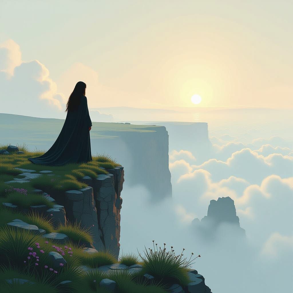 Zahia at Misty Cliff: Dreamy Atmospheric Illustration