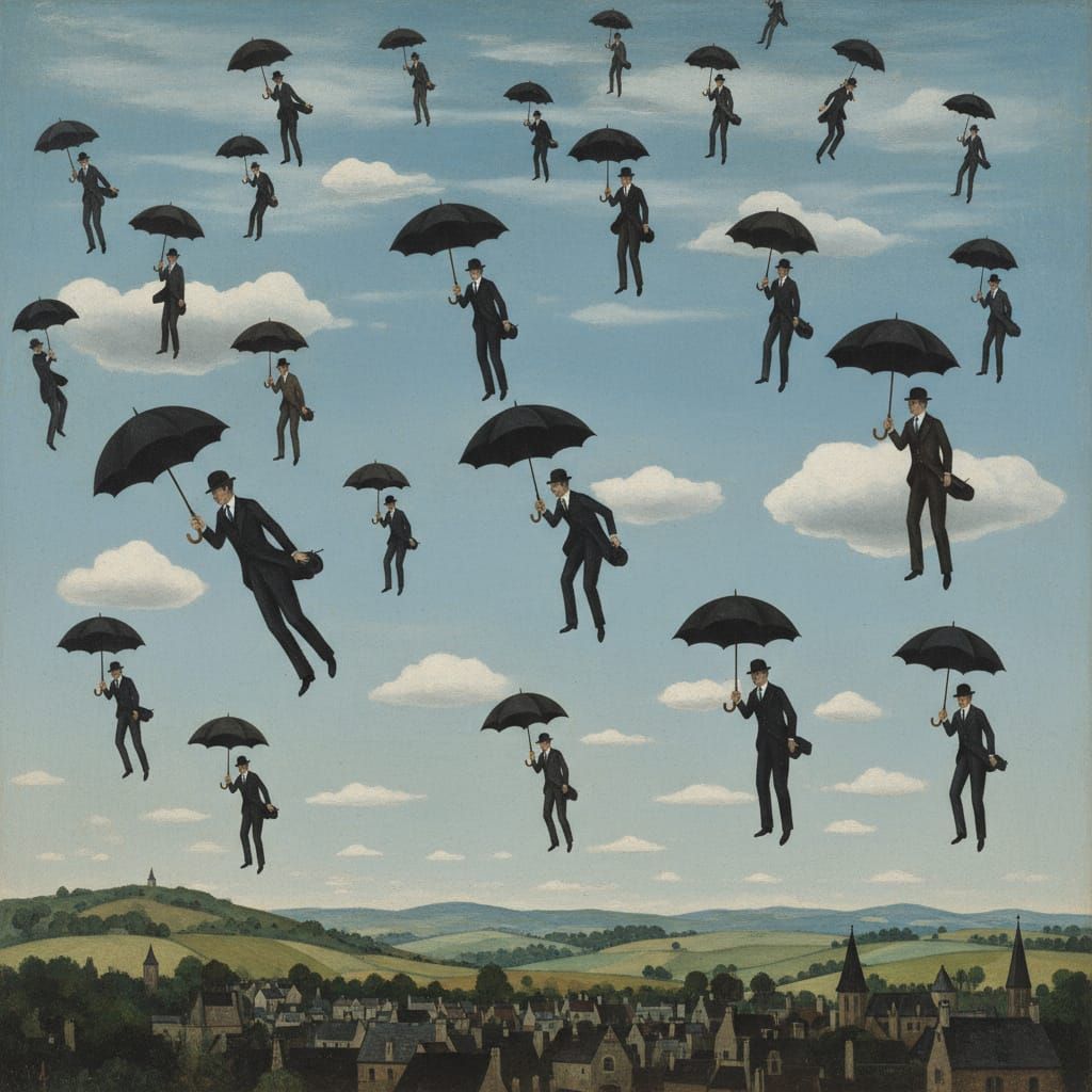 Men With Umbrellas Falling From Sky In Magritte Style