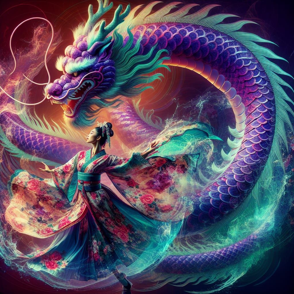 Dragon and Geisha Double Exposure in 8k Resolution