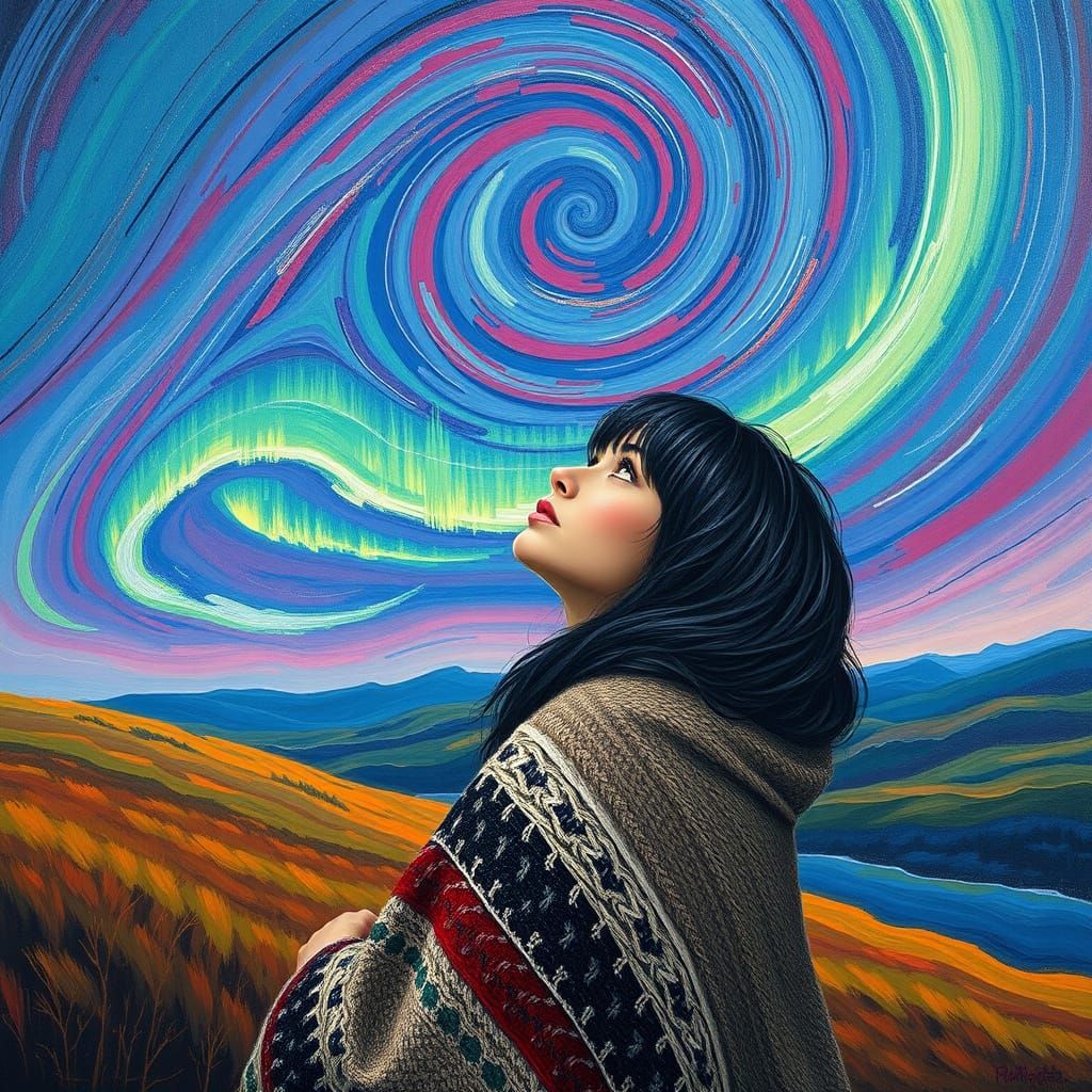 Woman in Admiration of Vibrant Northern Lights