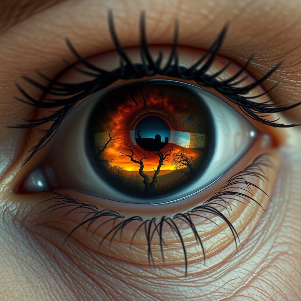 An Anguished Eye Reflects a Tormented World in Amber Hue