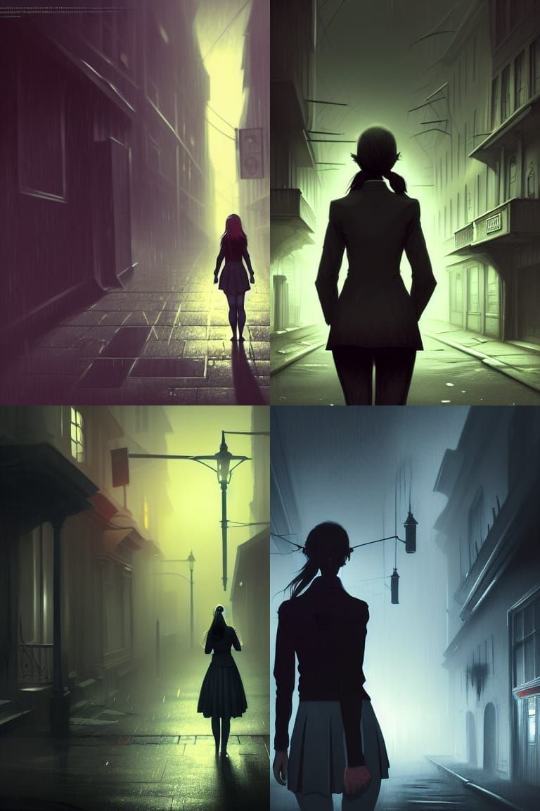 Sinister Schoolgirl in Dark Street: Fantasy Art