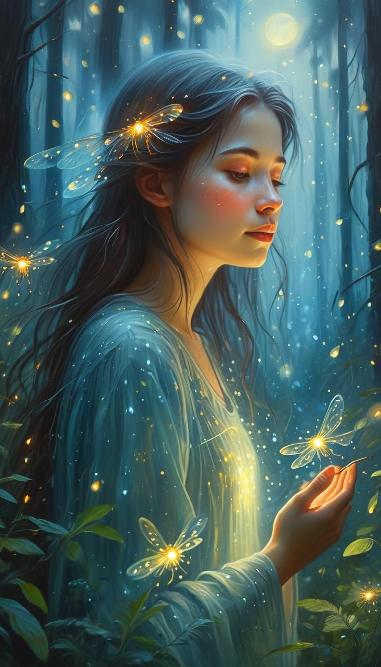 Ethereal Woman in Moonlit Forest, Oil Painting