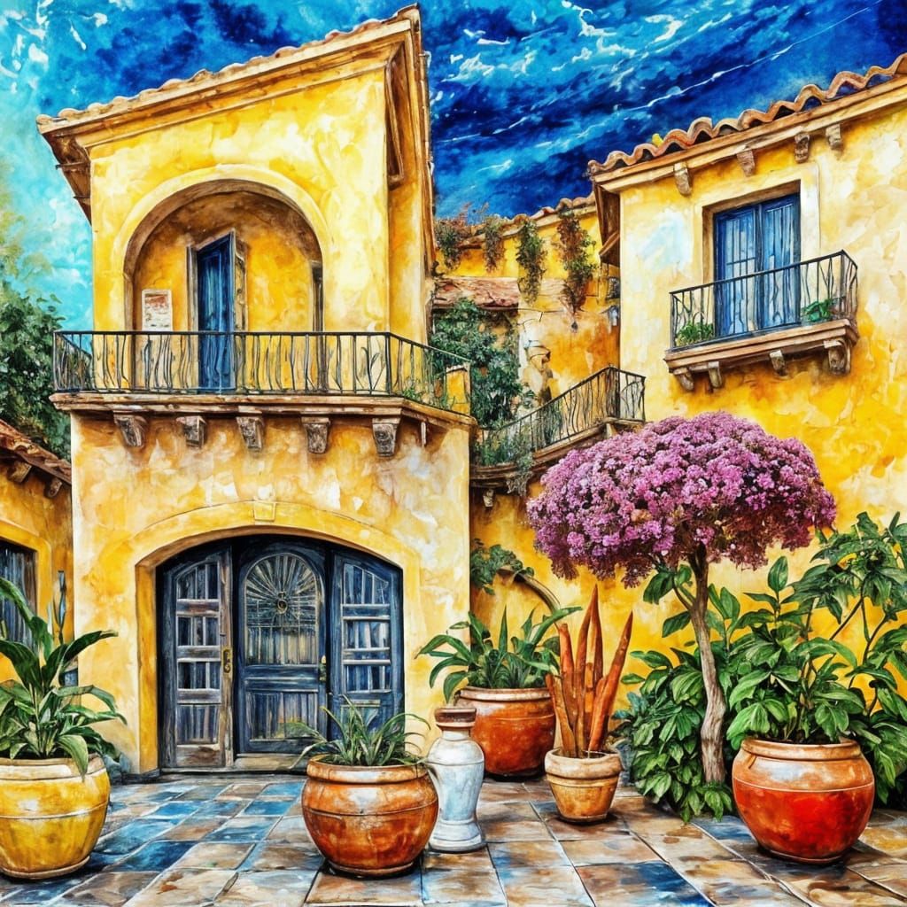 Mediterranean Seaside Estate in Grungy Oil Painting Style