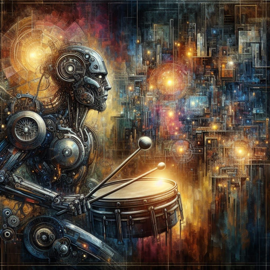 Cybernetic Robot Drummer in Radiant Urban Fantasy