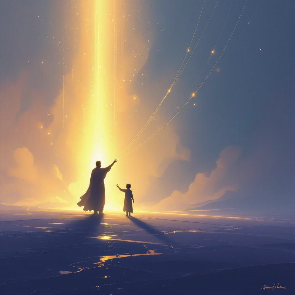 Figures Supported by Golden Light in Infinite Space