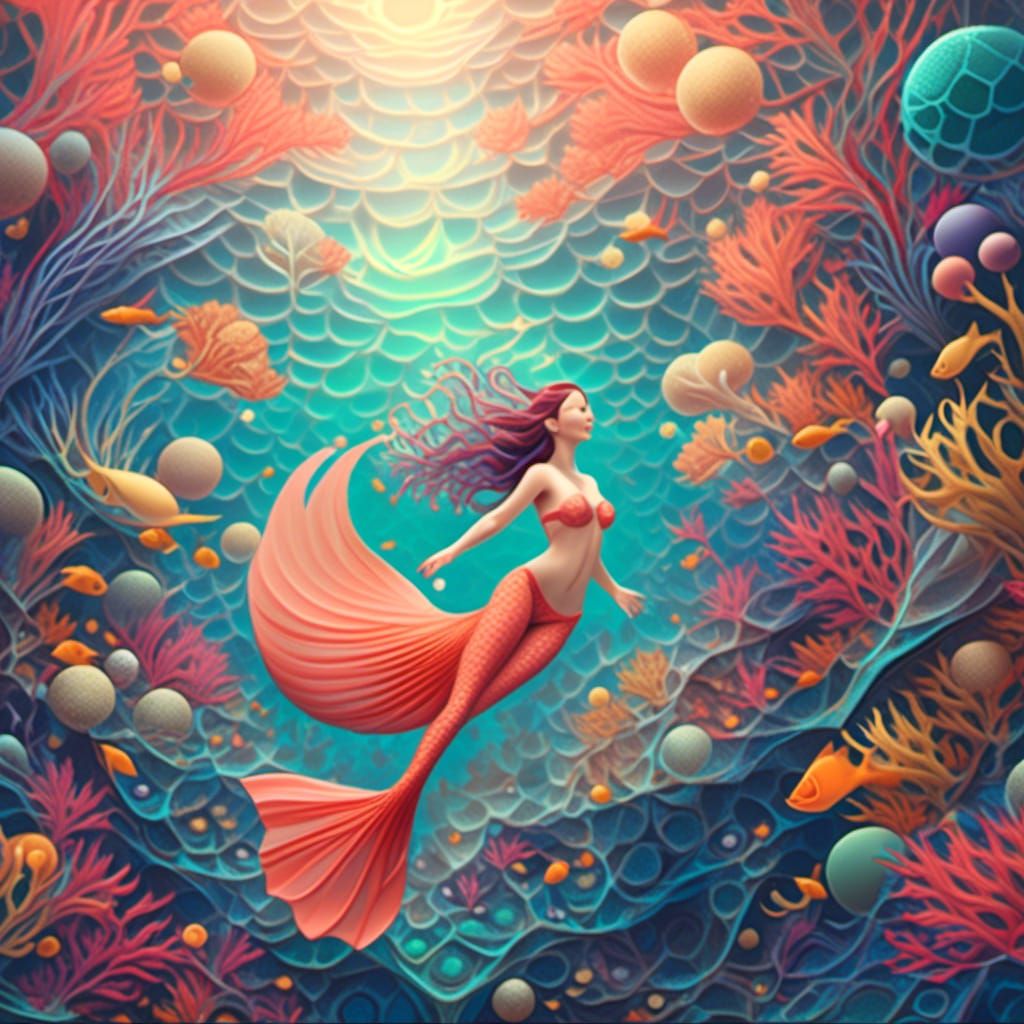 Fantasy Mermaid in Coral Reef with 3D Shading