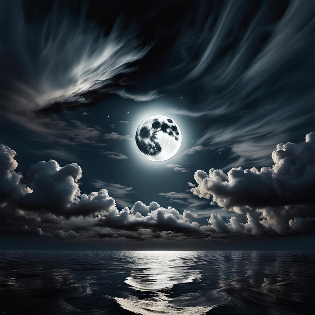 Surreal Silver Moon Floating on Silky Clouds