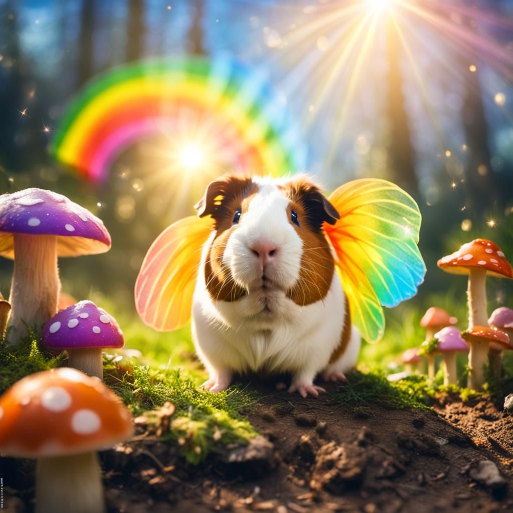 Guinea Pig Fairy in Mushroom Village with Rainbow