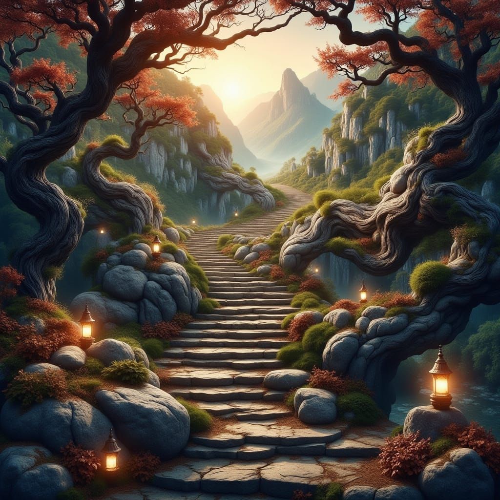 Ethereal Mountain Stairway in Fantasy Landscape