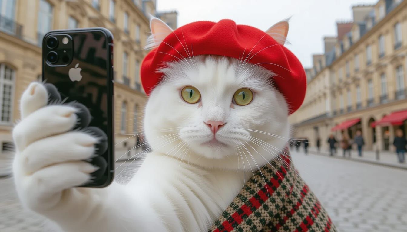 Time-Traveling Cat Selfie in Paris, Photorealistic Style