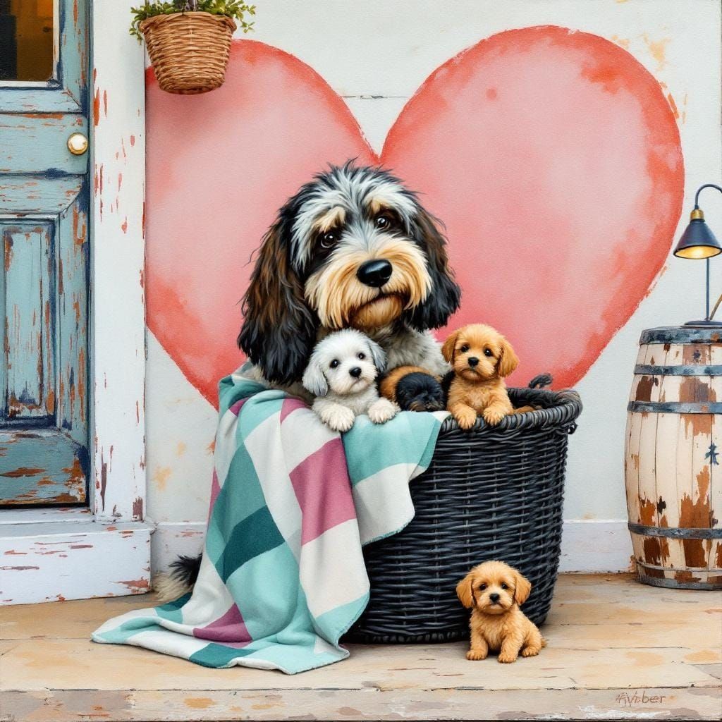 Play whimsical, Viber, and hyper, realistic, acrylic, watercolor, painting of a small, shaggy, doc hound, hugging his pu...