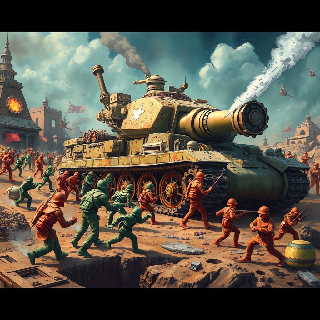 Toy Soldiers Battle Steampunk Tank in Painterly Style